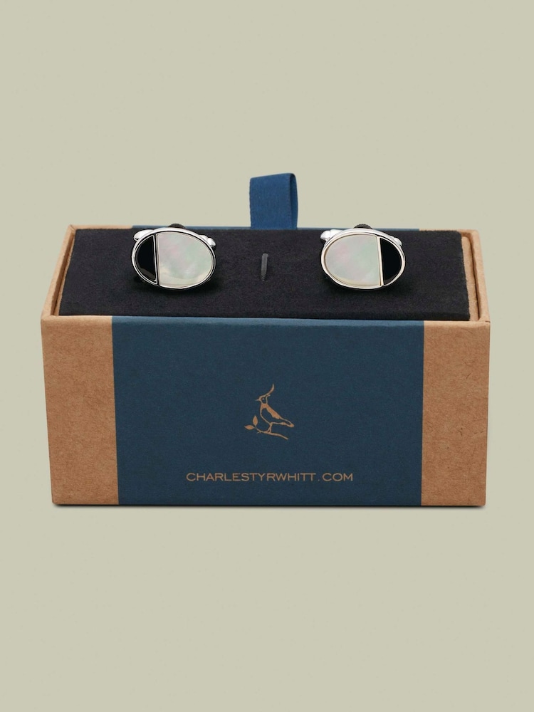 Charles Tyrwhitt Grey Mother Of Pearl And Onyx Oval Cufflink - Image 2 of 2 Charles Tyrwhitt Grey Mother Of Pearl And Onyx Oval Cufflink - Image 2 of 2