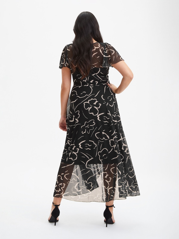 Scarlett & Jo Black Tilly Print Angel Sleeve Sweetheart Dress - Image 2 of 4