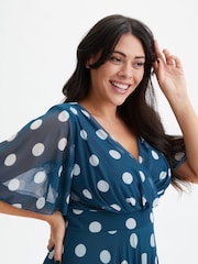 Scarlett & Jo Blue/White Carole Wrap Bodice Sunray Pleated Midi Dress - Image 4 of 4