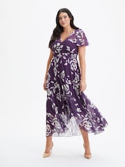 Scarlett & Jo Purple Tilly Print Angel Sleeve Sweetheart Dress - Image 1 of 4