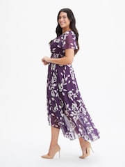 Scarlett & Jo Purple Tilly Print Angel Sleeve Sweetheart Dress - Image 3 of 4