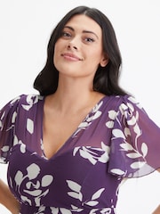 Scarlett & Jo Purple Tilly Print Angel Sleeve Sweetheart Dress - Image 4 of 4
