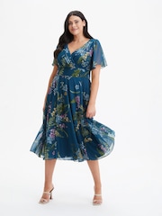 Scarlett & Jo Teal Blue Floral Victoria Angel Sleeve Mesh Midi long Dress - Image 1 of 4