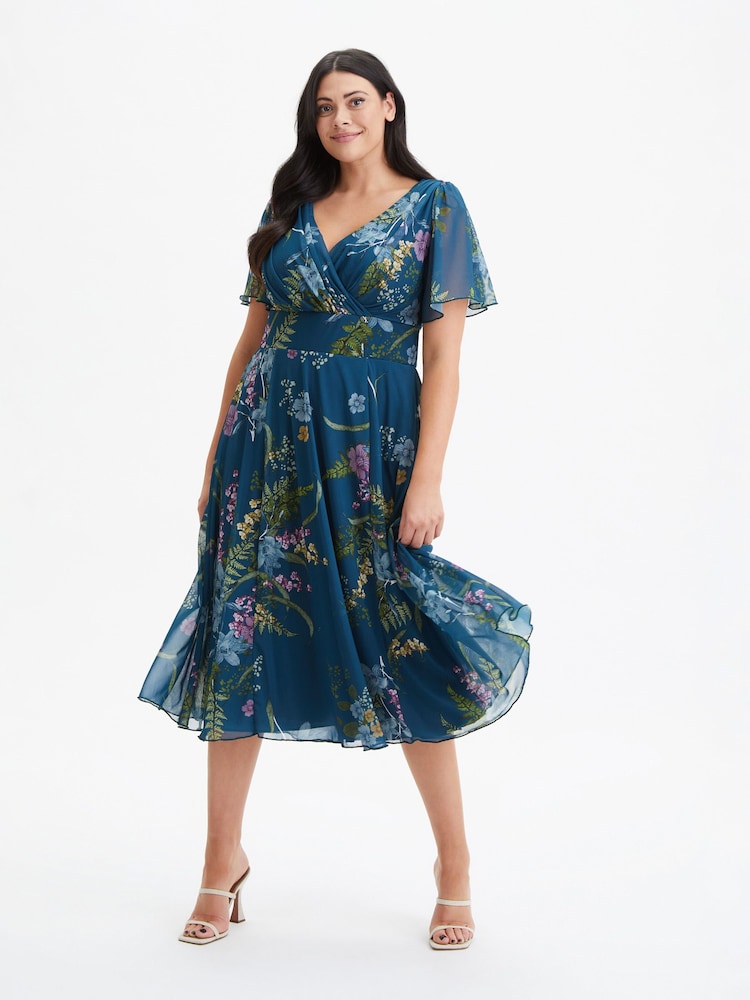 Scarlett & Jo Teal Blue Floral Victoria Angel Sleeve Mesh Midi long Dress - Image 1 of 4