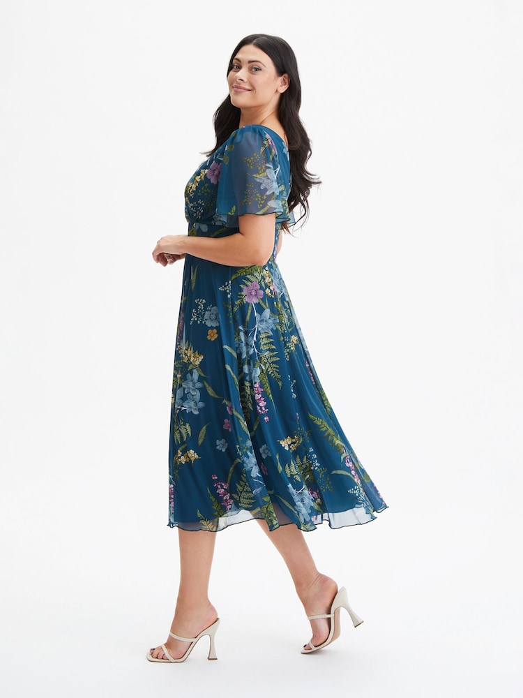 Scarlett & Jo Teal Blue Floral Victoria Angel Sleeve Mesh Midi long Dress - Image 2 of 4