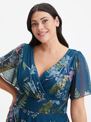 Scarlett & Jo Teal Blue Floral Victoria Angel Sleeve Mesh Midi long Dress - Image 4 of 4