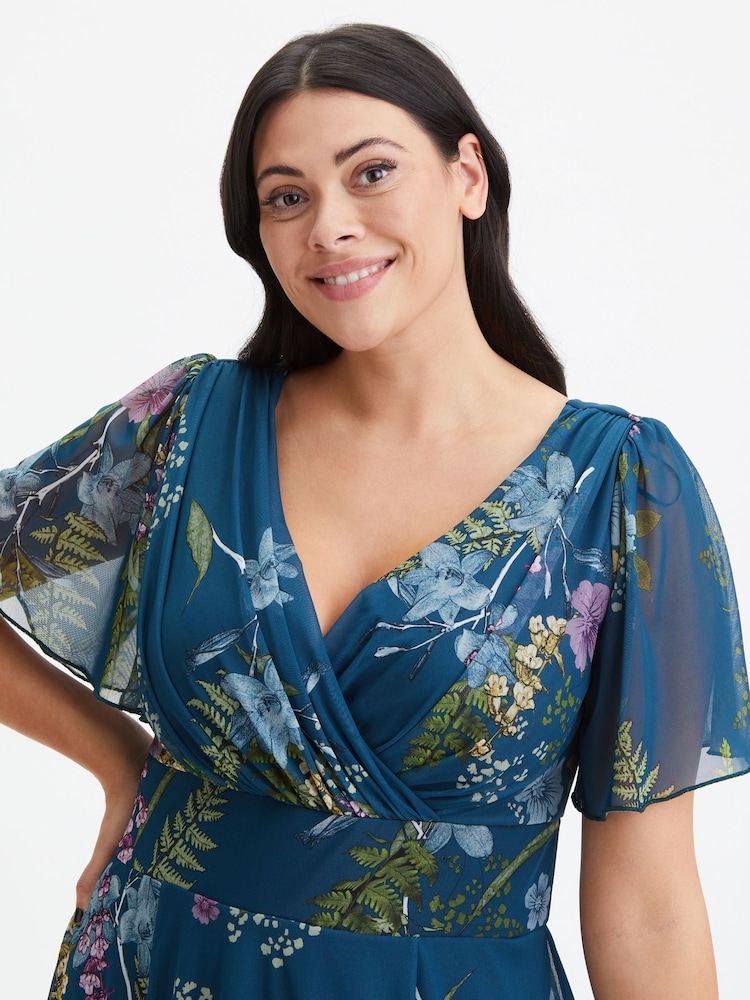 Scarlett & Jo Teal Blue Floral Victoria Angel Sleeve Mesh Midi long Dress - Image 4 of 4