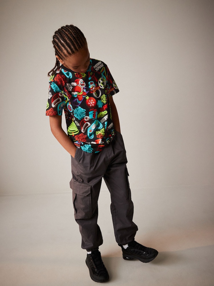 Black All Over Print Short Sleeve Christmas T-Shirt (3-16yrs) - Image 2 of 7