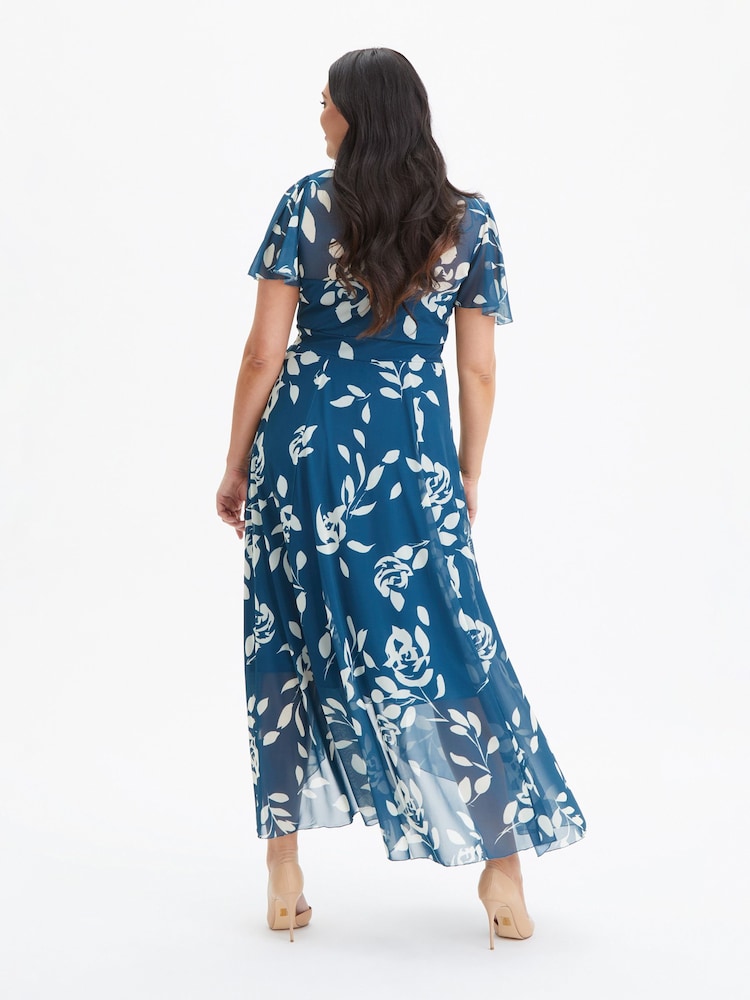 Scarlett & Jo Blue Tilly Print Angel Sleeve Sweetheart Dress - Image 2 of 4