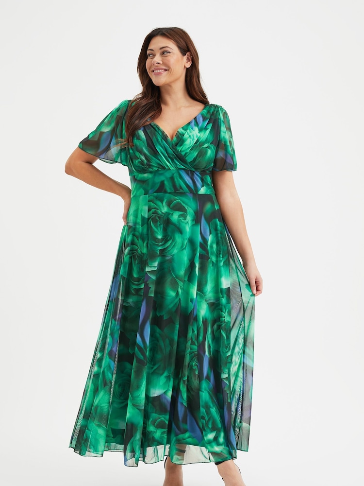Зеленый с принтом розы - Scarlett & Jo Curve Isabelle Angel Sleeve Maxi Dress - Image 1 of 4