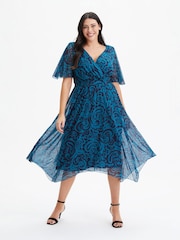 Scarlett & Jo Teal Blue Julie Wine Cream Hanky Hem Dress - Image 1 of 4