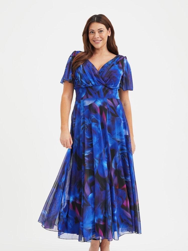 Scarlett & Jo Blue Rose Curve Isabelle Angel Sleeve Maxi Dress - Image 1 of 2