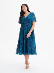 Scarlett & Jo Teal Blue Victoria Angel Sleeve Mesh Midi long Dress - Image 1 of 4