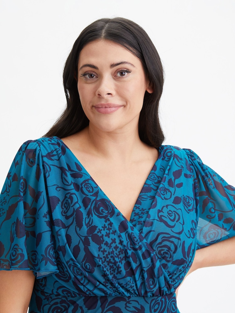 Scarlett & Jo Teal Blue Victoria Angel Sleeve Mesh Midi long Dress - Image 4 of 4