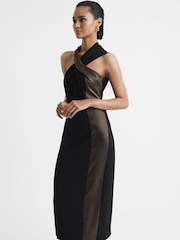 Reiss Black/Bronze Carla Metallic Stripe Bodycon Midi Dress - Image 1 of 5