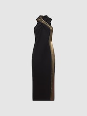 Reiss Black/Bronze Carla Metallic Stripe Bodycon Midi Dress - Image 2 of 5
