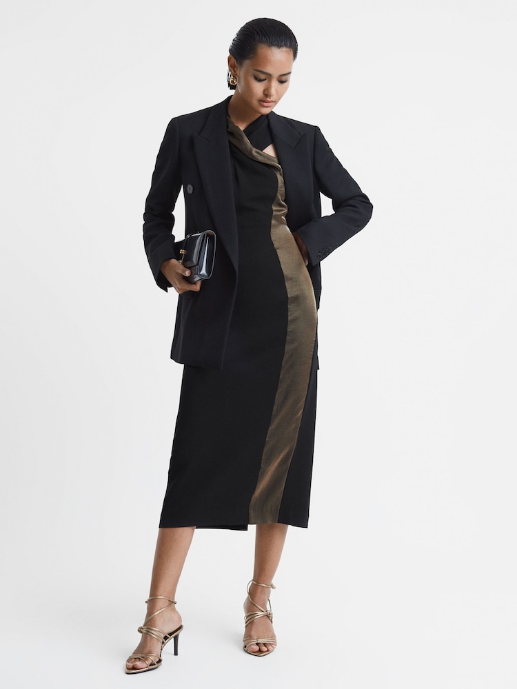 Reiss Black/Bronze Carla Metallic Stripe Bodycon Midi Dress - Image 3 of 5