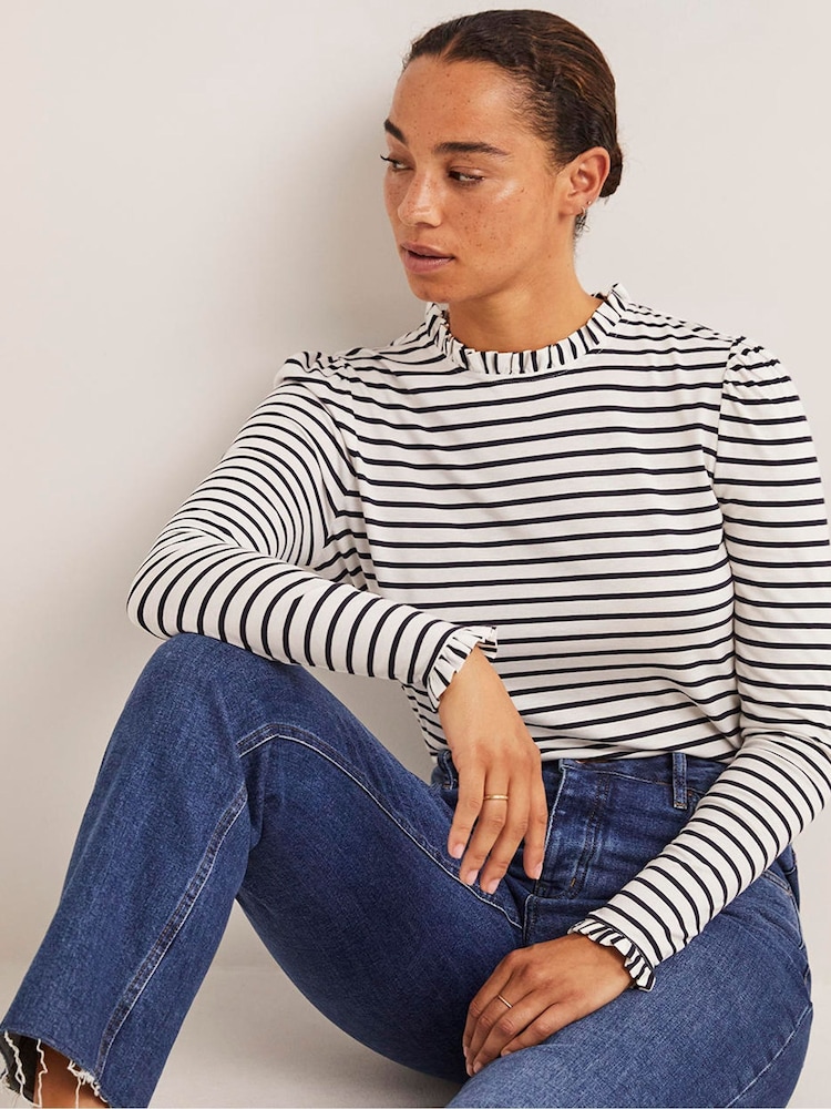Boden Ivory/Blue Supersoft Frill Detail Top - Image 1 of 5
