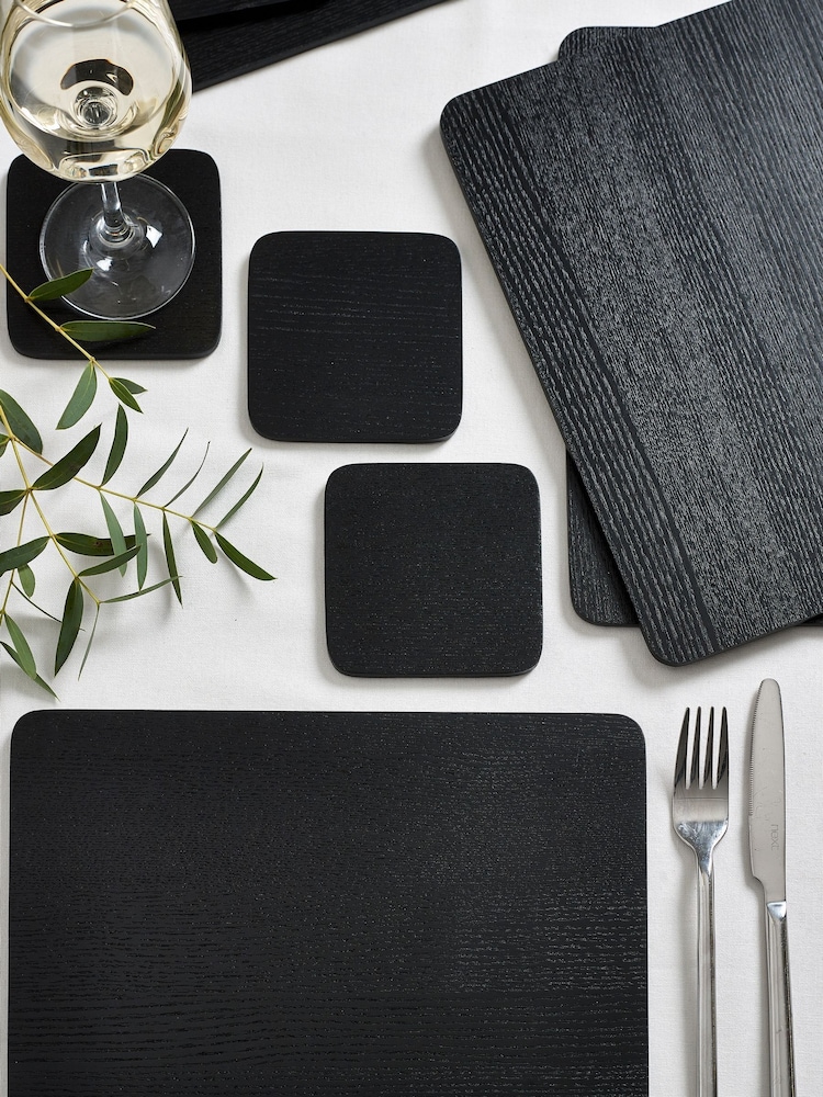 Set of 4 Black Wood Veneer Placemats and Coasters - Image 2 of 4