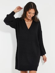 Threadbare Black V-Neck Knitted Jumper Dress - Image 1 of 4