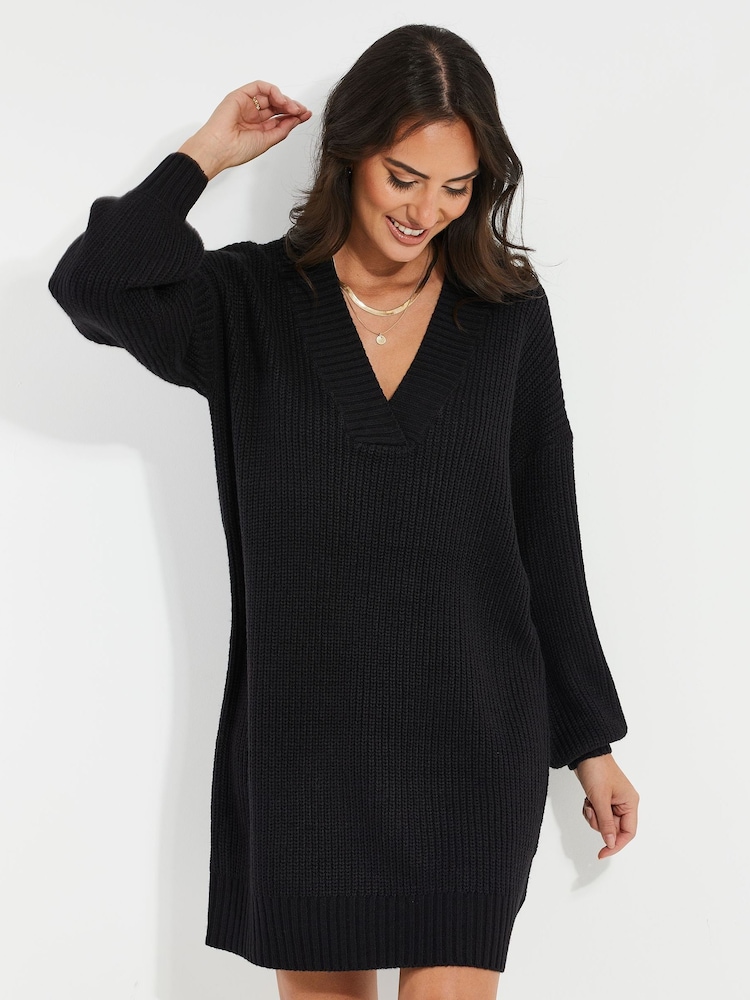 Threadbare Black V-Neck Knitted Jumper Dress - Image 1 of 4