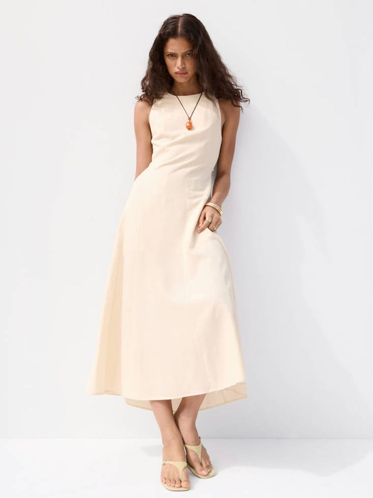 Mango Cream Linen Blend Midi Dress - Image 1 of 7 Mango Cream Linen Blend Midi Dress - Image 1 of 7