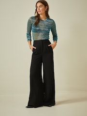 Teal Blue Long Sleeve Sheer Metallic Sparkle Top - Image 2 of 6