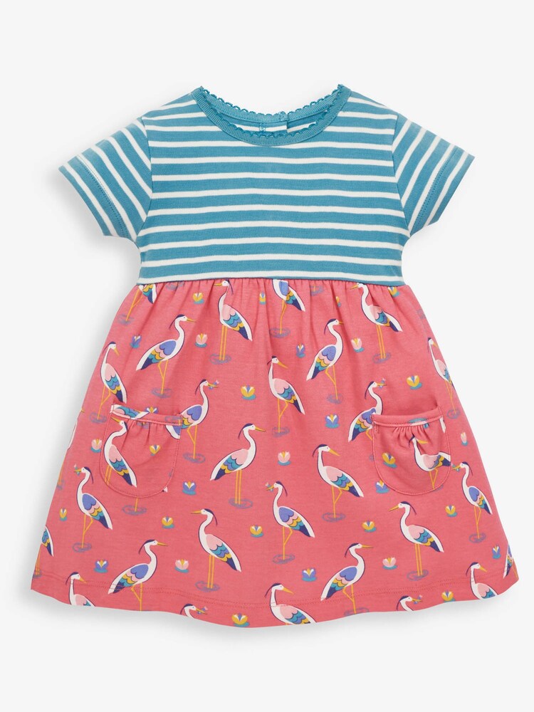 JoJo Maman Bébé Dusky Pink Girls' Heron Print Pet in Pocket Dress - Image 1 of 3