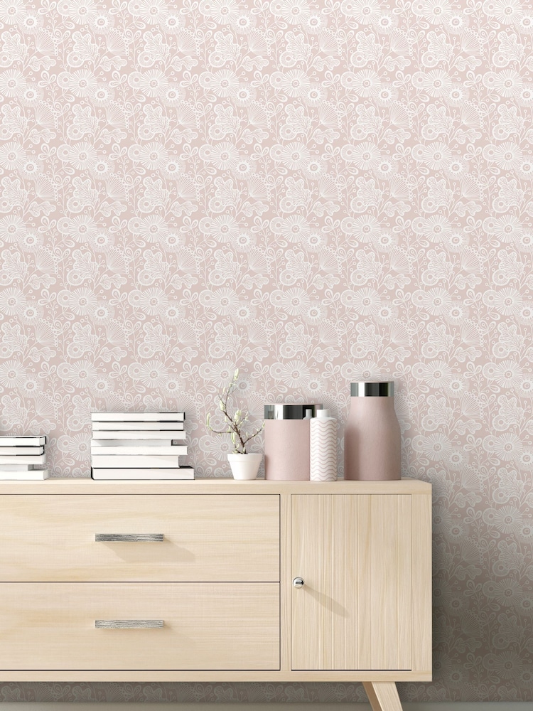 Vymura London Pink Stamped Floral Wallpaper - Image 1 of 3
