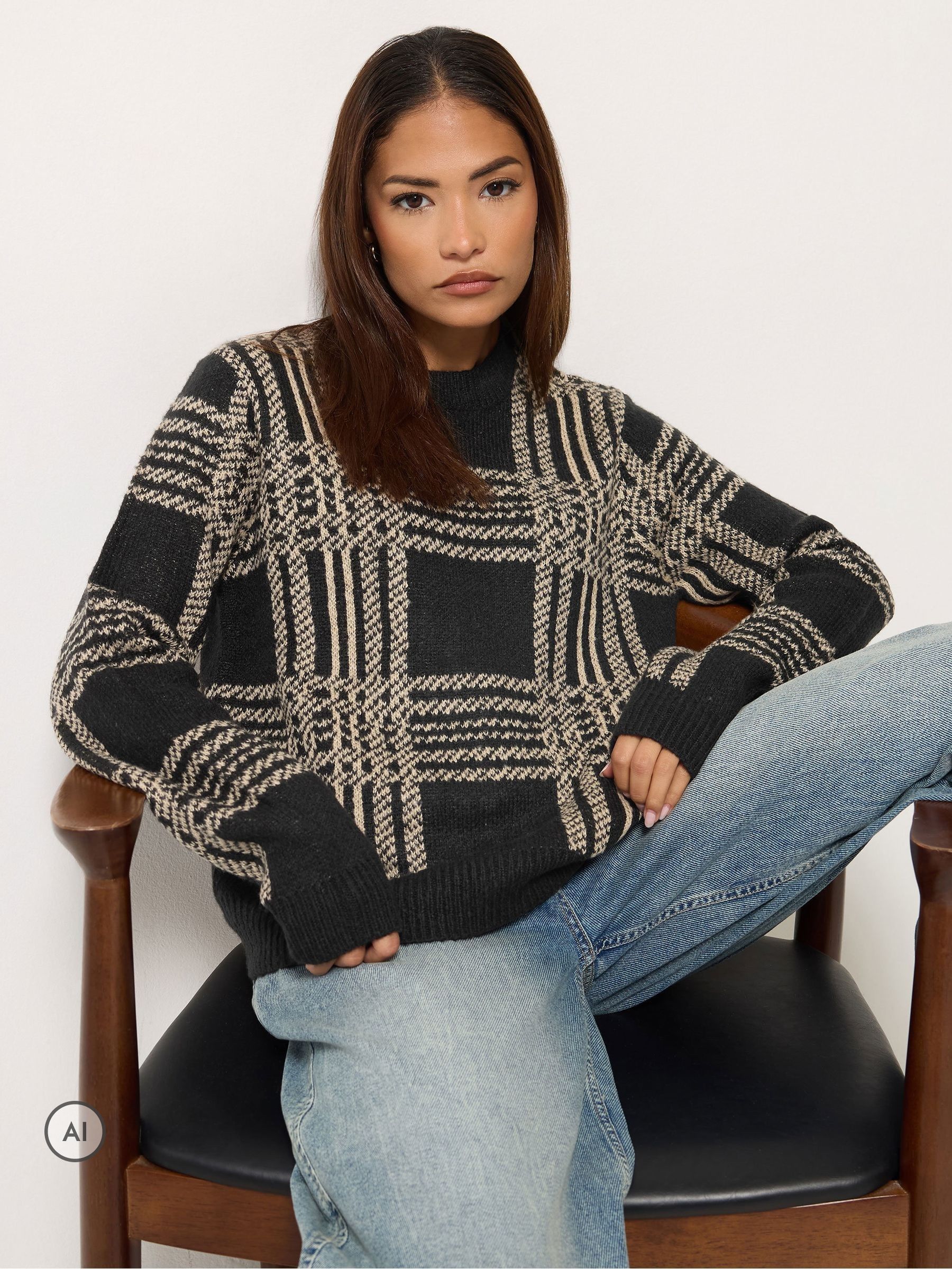 Pixiegirl Women's Black Petite Check Knitted Jumper In | Size: 16/18 - Image 2