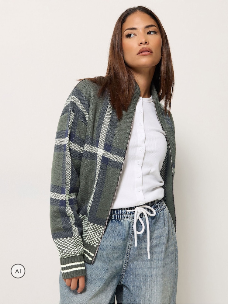 PixieGirl Petite Green Check Funnel Neck Bomber Jacket - Image 1 of 6 PixieGirl Petite Green Check Funnel Neck Bomber Jacket - Image 1 of 6