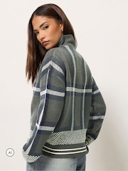 PixieGirl Petite Green Check Funnel Neck Bomber Jacket - Image 3 of 6