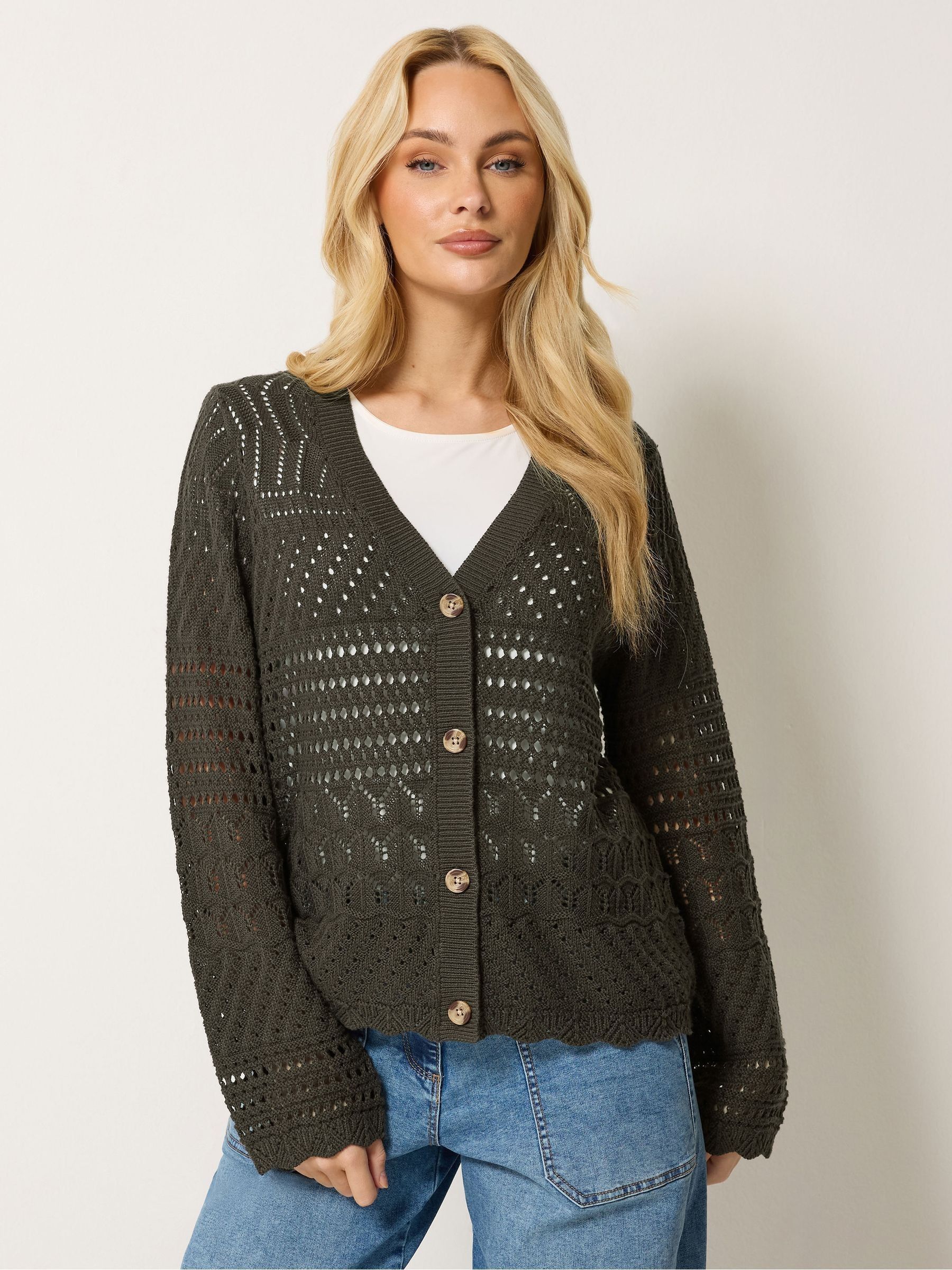 M & Co Women's Brown V-Neck Crochet Cardigan