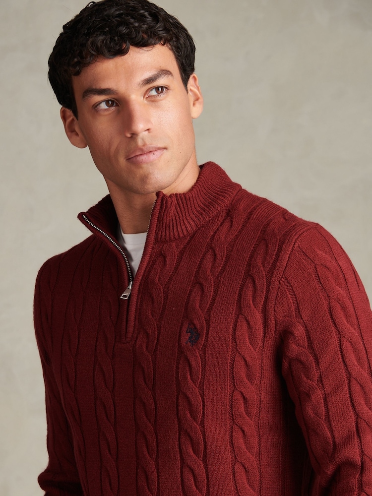 U.S. Polo Assn Red Cable Knit Quarter-Zip Funnel Neck Jumper - Image 2 of 6 U.S. Polo Assn Red Cable Knit Quarter-Zip Funnel Neck Jumper - Image 2 of 6