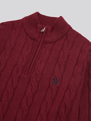 U.S. Polo Assn Red Cable Knit Quarter-Zip Funnel Neck Jumper - Image 6 of 6