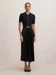 Forever New Black Priya Petite Satin Pleated Dress - Image 1 of 4