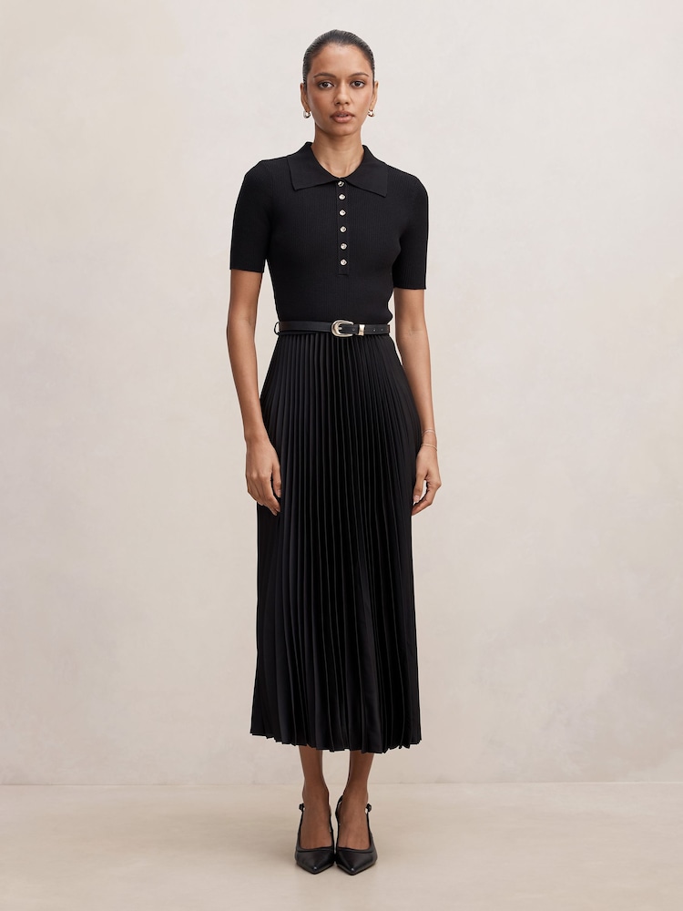 Forever New Black Priya Petite Satin Pleated Dress - Image 1 of 4