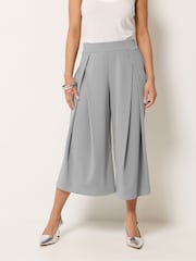 PixieGirl Petite Grey Pleated Wrap Wide Leg Cropped Trousers - Image 1 of 5