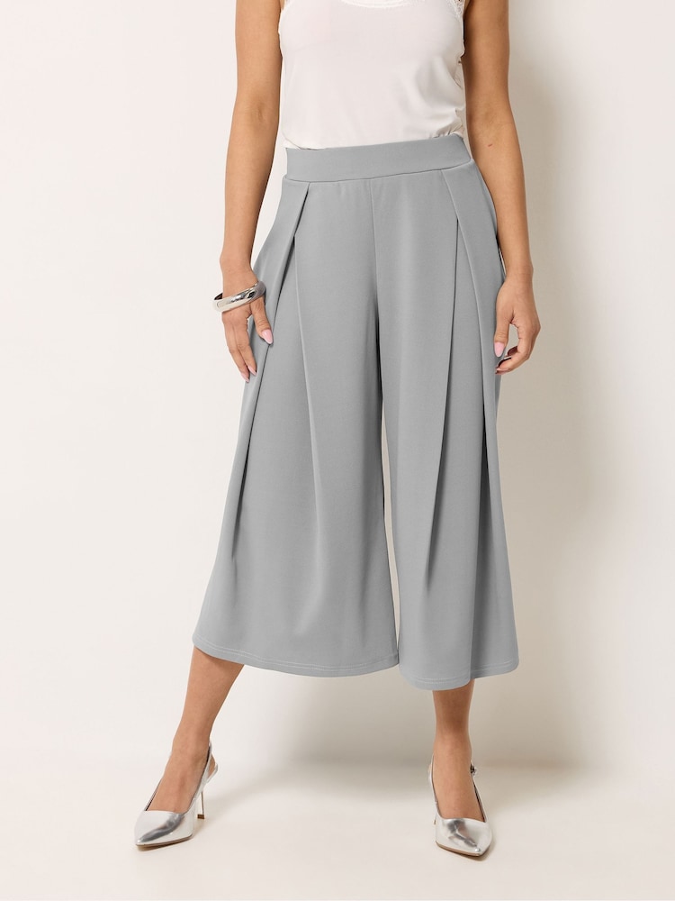PixieGirl Petite Grey Pleated Wrap Wide Leg Cropped Trousers - Image 1 of 5 PixieGirl Petite Grey Pleated Wrap Wide Leg Cropped Trousers - Image 1 of 5