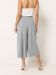 PixieGirl Petite Grey Pleated Wrap Wide Leg Cropped Trousers - Image 3 of 5