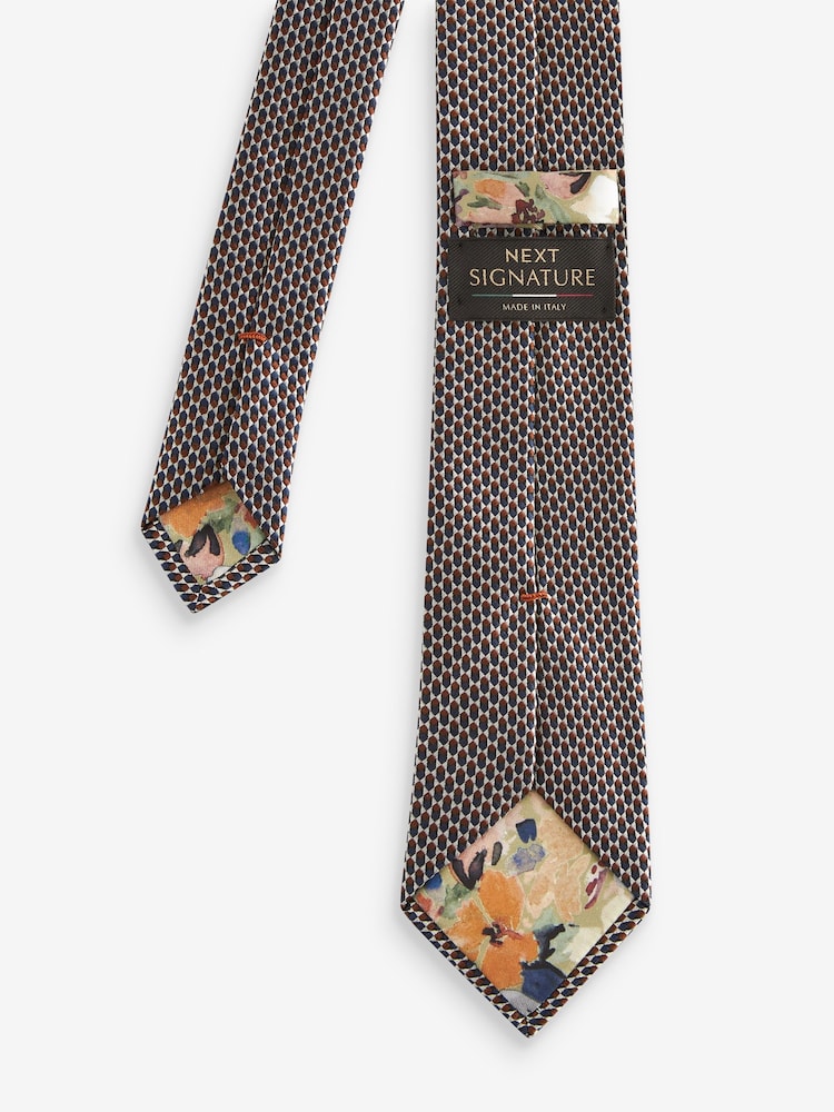 Navy Blue/Neutral Brown Textured Signature Made In Italy Geometric Tie - Image 3 of 3