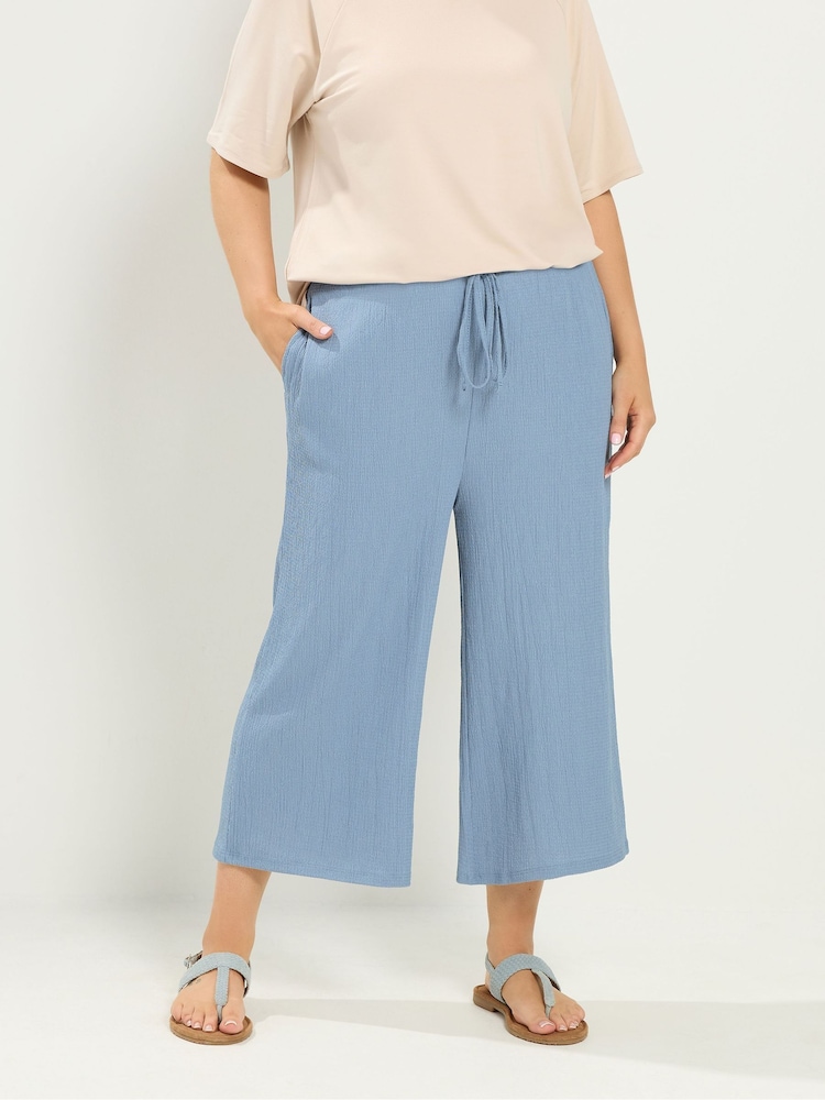 Yours Curve Blue Skinny Waist Crinkle Culottes - Image 1 of 5 Yours Curve Blue Skinny Waist Crinkle Culottes - Image 1 of 5