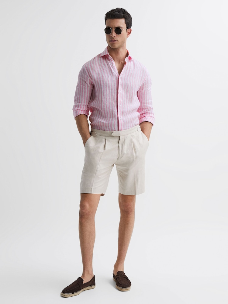 Reiss Soft Pink Herringbone Stripe Ruban Linen Long Sleeve Shirt - Image 1 of 5