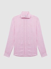 Reiss Soft Pink Herringbone Stripe Ruban Linen Long Sleeve Shirt - Image 2 of 5