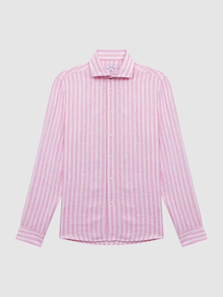 Reiss Soft Pink Herringbone Stripe Ruban Linen Long Sleeve Shirt - Image 2 of 5