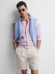 Reiss Soft Pink Herringbone Stripe Ruban Linen Long Sleeve Shirt - Image 3 of 5