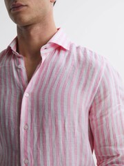 Reiss Soft Pink Herringbone Stripe Ruban Linen Long Sleeve Shirt - Image 4 of 5