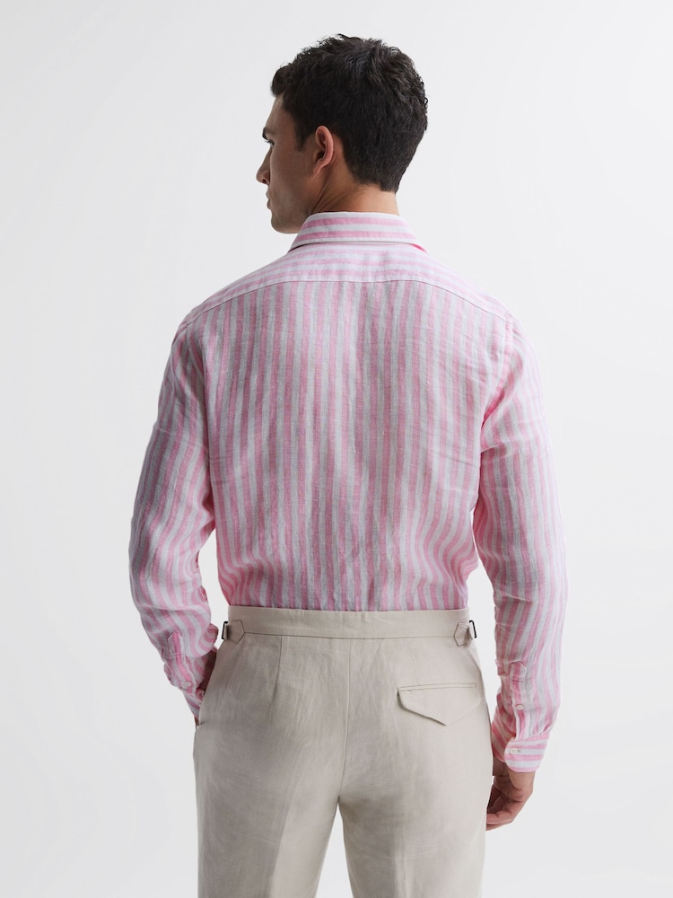 Reiss Soft Pink Herringbone Stripe Ruban Linen Long Sleeve Shirt - Image 5 of 5