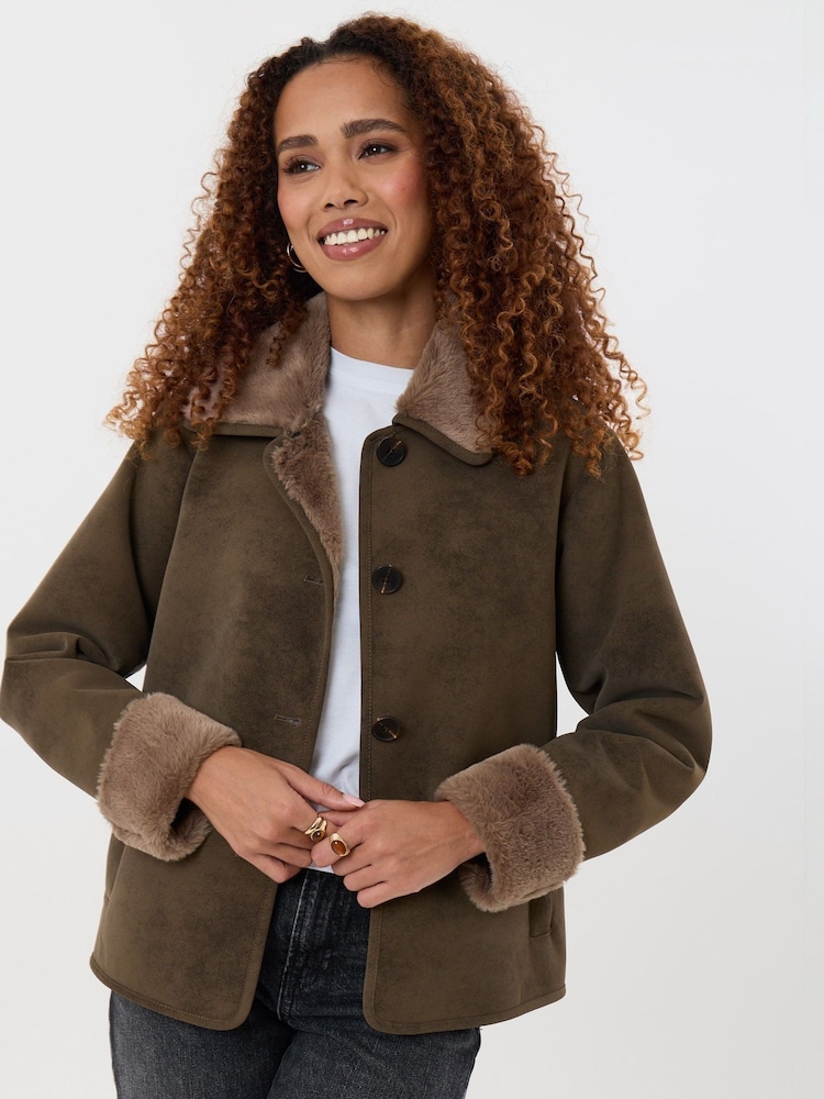Threadbare Brown Faux Suede Shacket with Collar - Image 1 of 4 Threadbare Brown Faux Suede Shacket with Collar - Image 1 of 4
