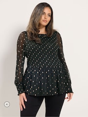 Yours Curve Black Polka Dot Shirred Blouse - Image 1 of 6